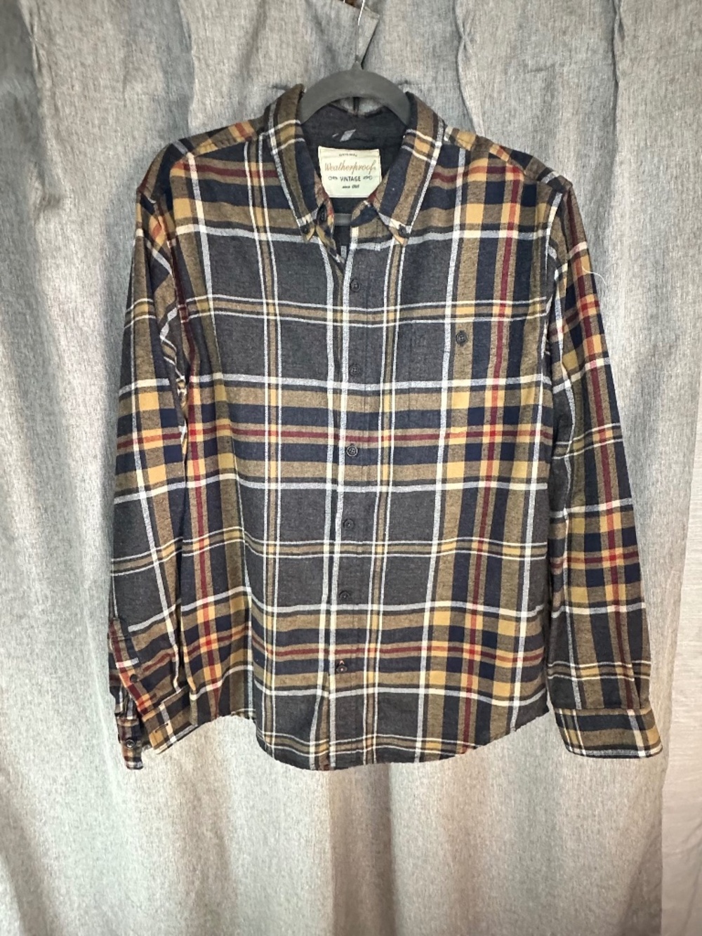 Weatherproof Vintage Men's Plaid Flannel Button Down Shirt Medium Grey Yellow